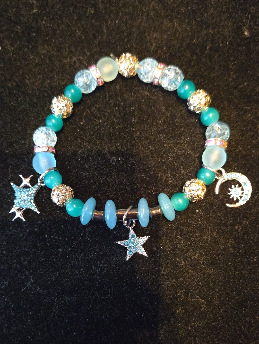 Turquoise Crystal Star & Moon Charm Stretch Bracelet